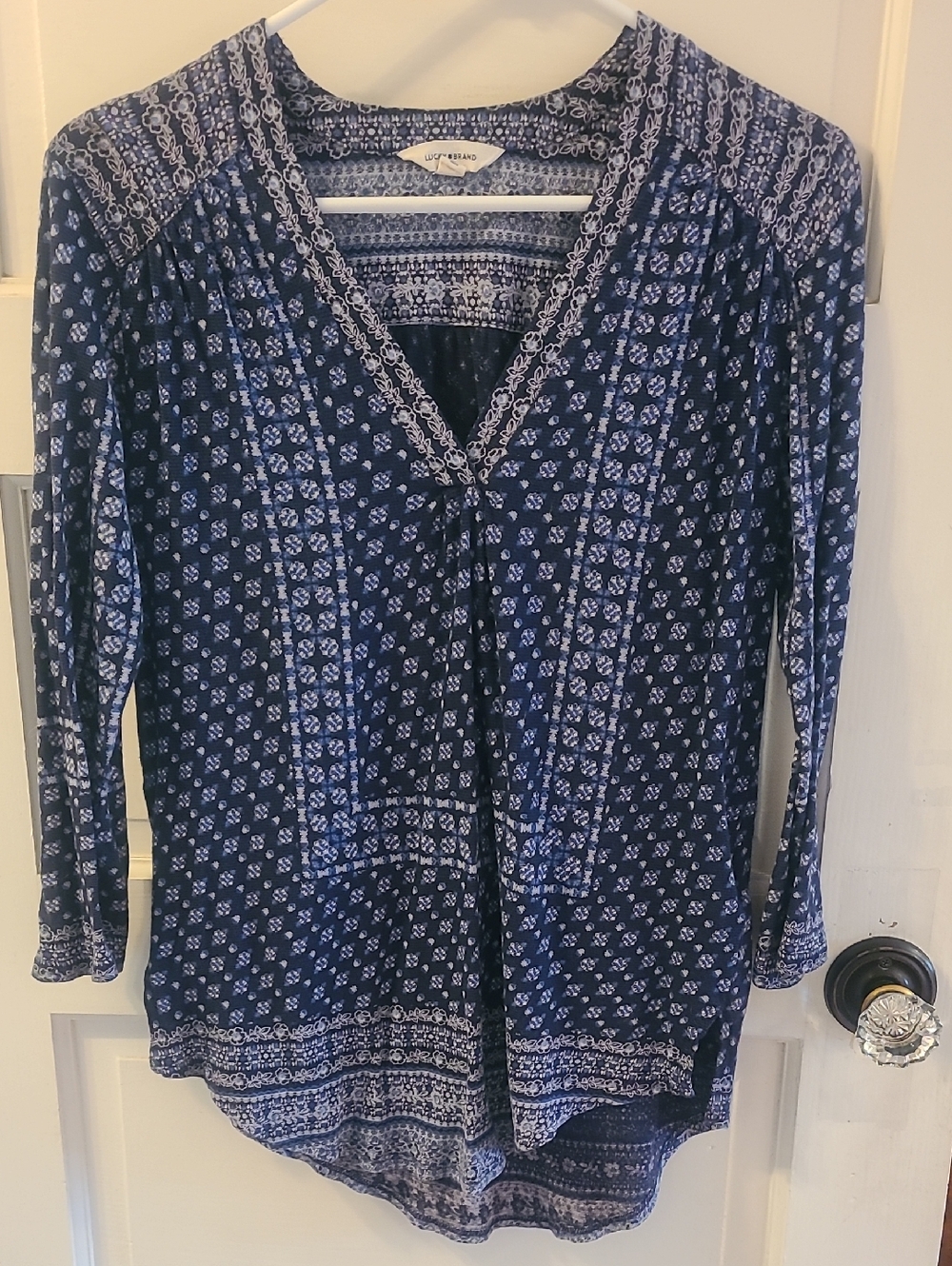Lucky Brand Navy and White Printed V-Neck Peasant Top